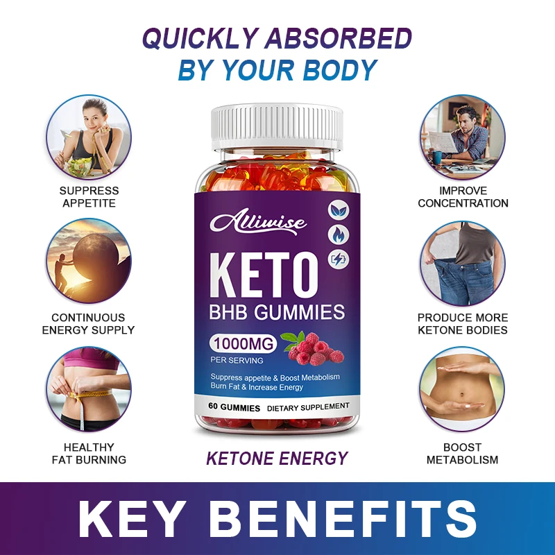 Alliwise 60 Gummies Keto Ketone Fat Burner Apple Cider Vinegar For Men Women Weight Loss Sweets Appetite Control Health Slimming