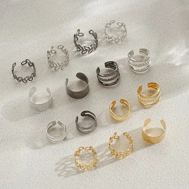 15 Pcs Set Of Hollow Leaf Design Clip On Earrings Zinc Alloy Jewelry Simple Punk Style Personality Female Ear Decor 3