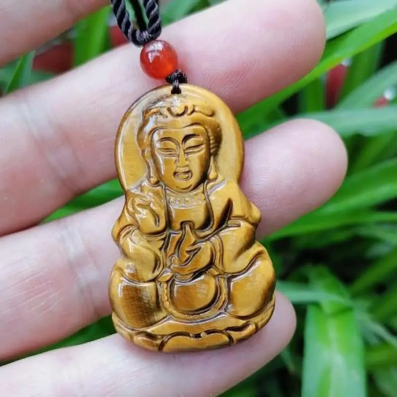 

Natural Tiger Eye Stone Guanyin Pendant Necklace Men Women Fengshui Charms Tigers Eye Crystals Guan Yin Statue Lucky Amulet Gift