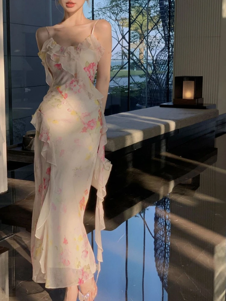 

French Elegant Floral Party Dress Women Casual Sweet Slim Midi Dress 2024 Summer Vacation Beach Style Strap Dress Korean Fashion