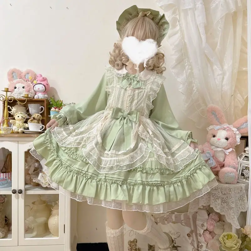 Lolita Dress OP Peter Pan Collar Women Kawaii Cosplay Lace Elegant Party Long Sleeve Dress Girly Retro Victoria Autumn Dresses