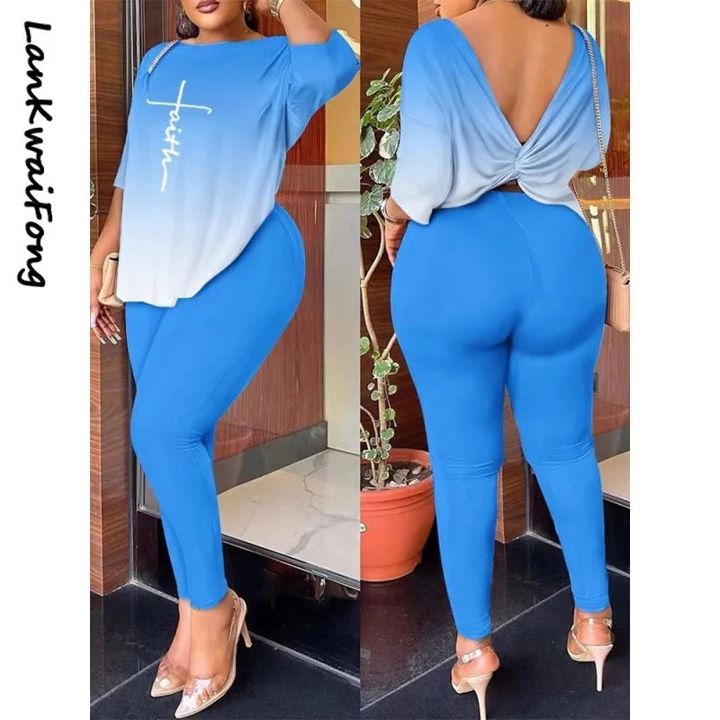 

LKF New Casual Women's Set Loose Print Open Back Top Slim Fit Small Foot Pants Street Style Commuter Two Piece Set