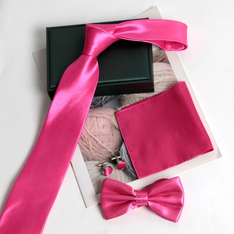 Bright Ties Classic Solid Rose Red Color Bow Ties Paisley NeckTie Pocket Square Cufflinks Set Men Wedding Accessories Party Tie