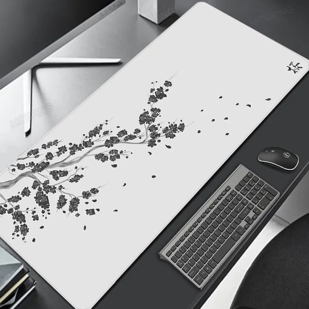 

White Sakura Mouse Pad Japan Cherry Blossom Deskmat Black Table Mat Mousepad Gamer Carpet Gaming Keyboard Mouse Mats Accessories