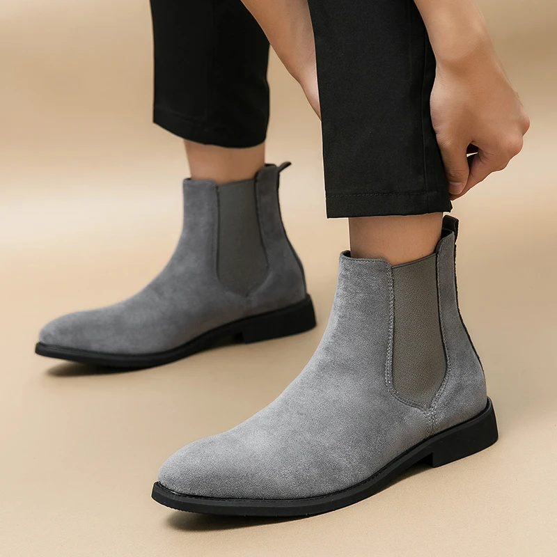 

Concise Elastic Band Silp-on Leather Boots Business Suede Boots Men's Dress Boots Mid-Calf Ankle Boots Grey Boots PlusSize 38-46