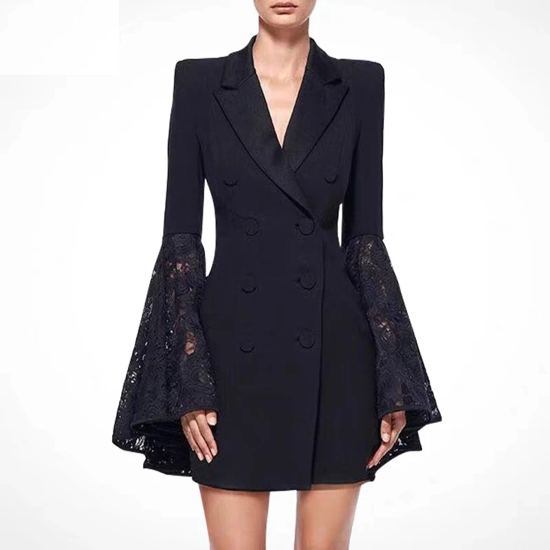 

Korea Fashion Designer Lace Patchwork Blazer Dress Women Autumn New Lapel Flare Sleeve Double Breasted Slim Waist Suit Clothes