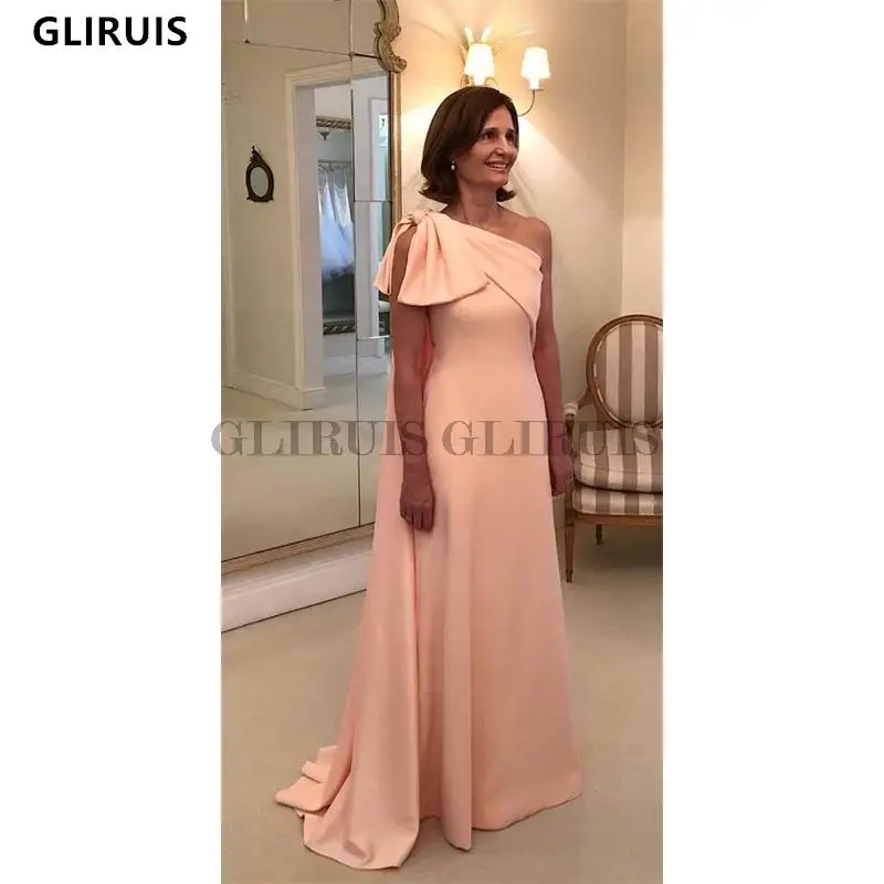 

One Shoulder With Bow Prom Dresses Satin Evening Dress Mother Of The Gown A-Line Length Plus Size Pleats Party Night Gown