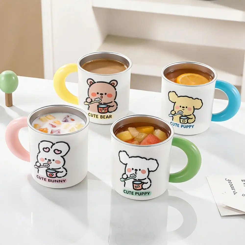 Collutorio in acciaio inossidabile con manico, spazzolino antimuffa per bambini, bicchiere d'acqua antigoccia con simpatico motivo a cartoni animati._voghion.com