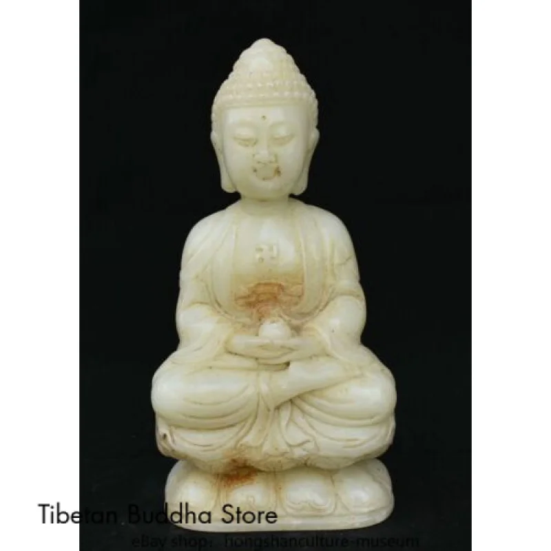 

8.6" Chinese Old White Jade Carved Seat Shakyamuni Amitabha Buddha Base Statue