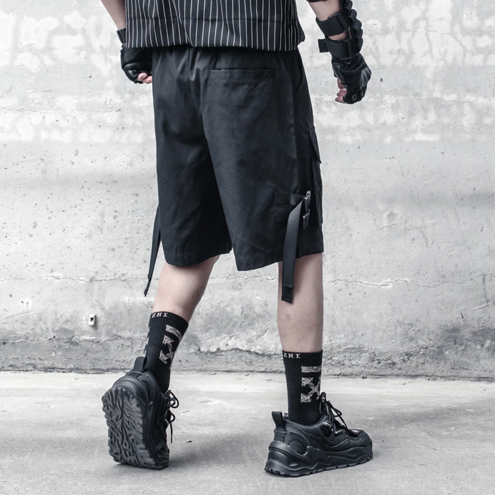 AOGZ Embroidered Ribbons Hip Hop Cargo Shorts Pants Men Streetwear Pockets Knee Length Pants Loose Casual Shorts Elastic Waist