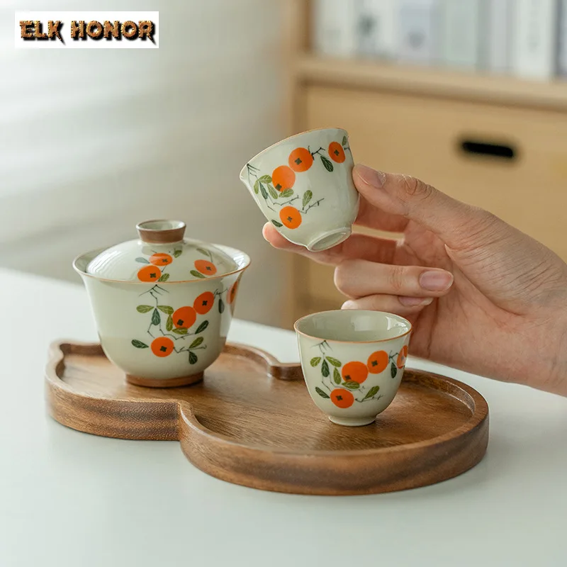 

Pure Hand-painted Persimmon Art Tea Set Complete Set Boutique Tea Ceremony Set Teapot and Tea Cup Set Teaware Supplies Ornaments