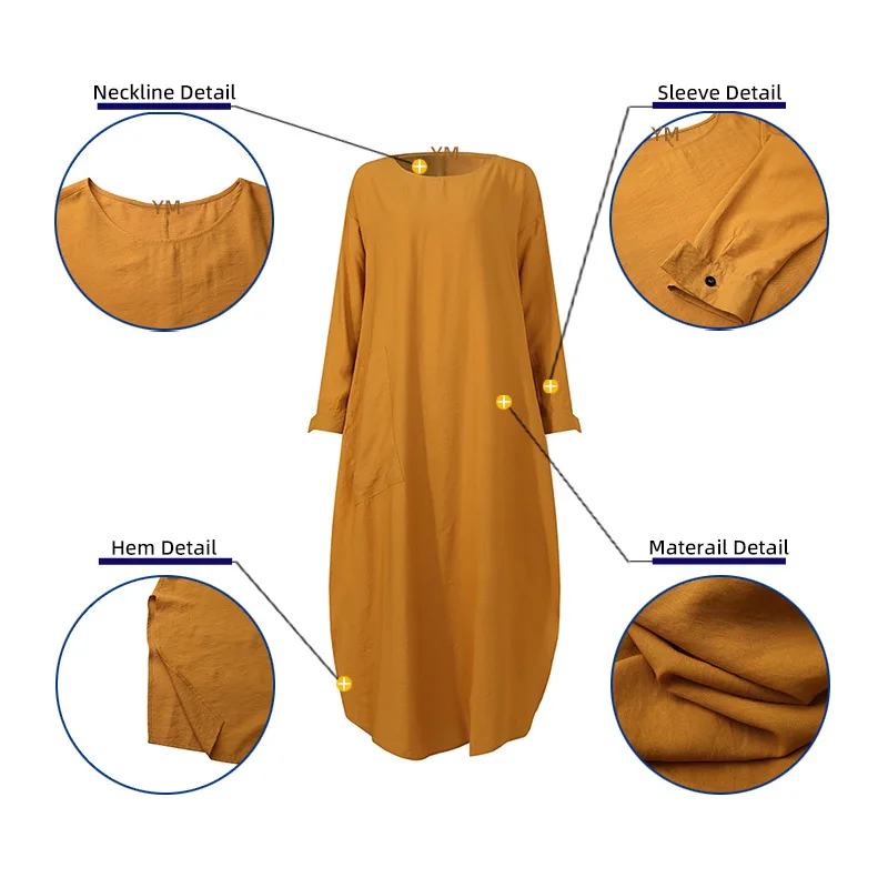 Long Casual Loose Retro Dress Women Islamic Fashion Abaya Lady Robe Femme Musulmane Solid Color Pockets Plus Size S-5XL Jilbab