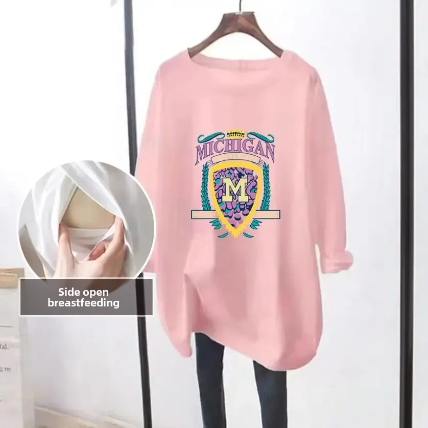 야외용 수유 상의, 루즈핏 긴팔 티셔츠, 용수철 가을 시즌 모유 수유 의류, 산후 착용