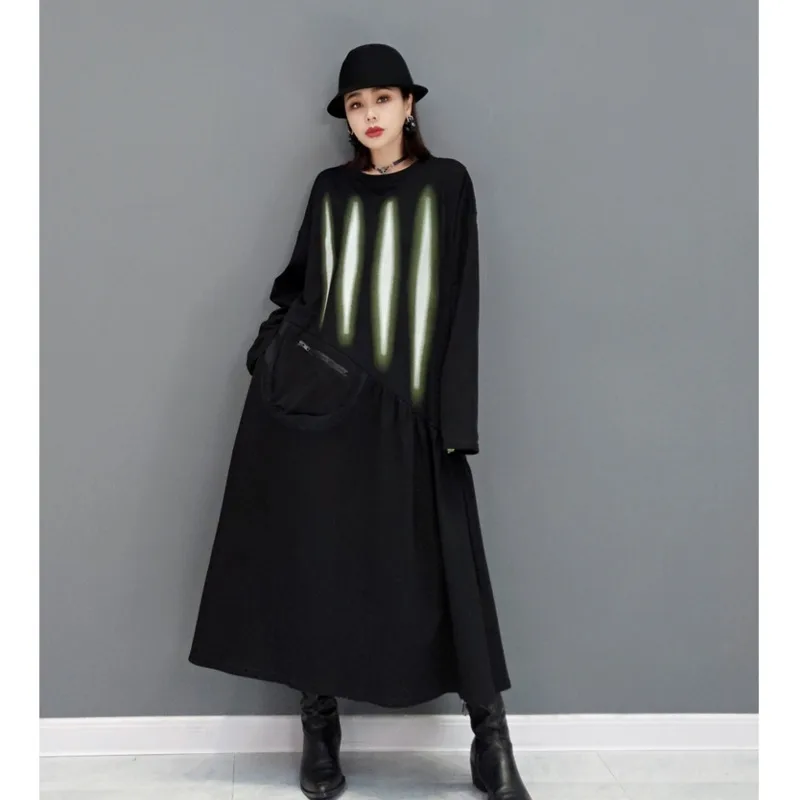 

Women Long Sleeves Crew Neck Dress Loose Thin Mid-length Pocket Splicing Irregular Gradient Dress