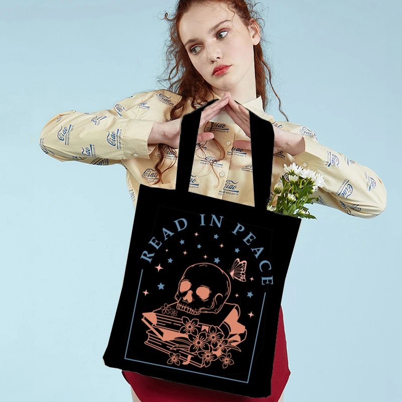 

Vintage Boho Canvas Tote Bag Skull Graphics Women Handbags Harajuku Fashion Shoulder Bags Read In Peace Print Lady Shopping Bags