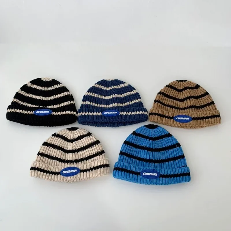 

Новая Детская шерстяная шапка для осени и зимы, модная детская вязаная шапка с полосатыми этикетками и свернутыми краями, вязаная шапка с рукавами «Дыня»