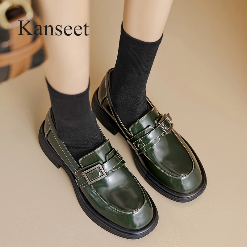 

Kanseet New Loafers Women Shoes Spring Round Toe Belt Buckle Genuine Leather Comfortable Mid Heel Causal Lady Footwear Green 40