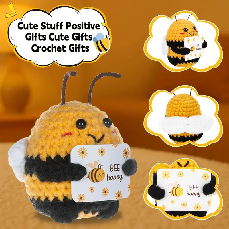 귀여운 꿀벌 뜨개질 인형 BEE Happy 카드 포함 수제 니트 봉제인형 친구와 가족을 위한 선물