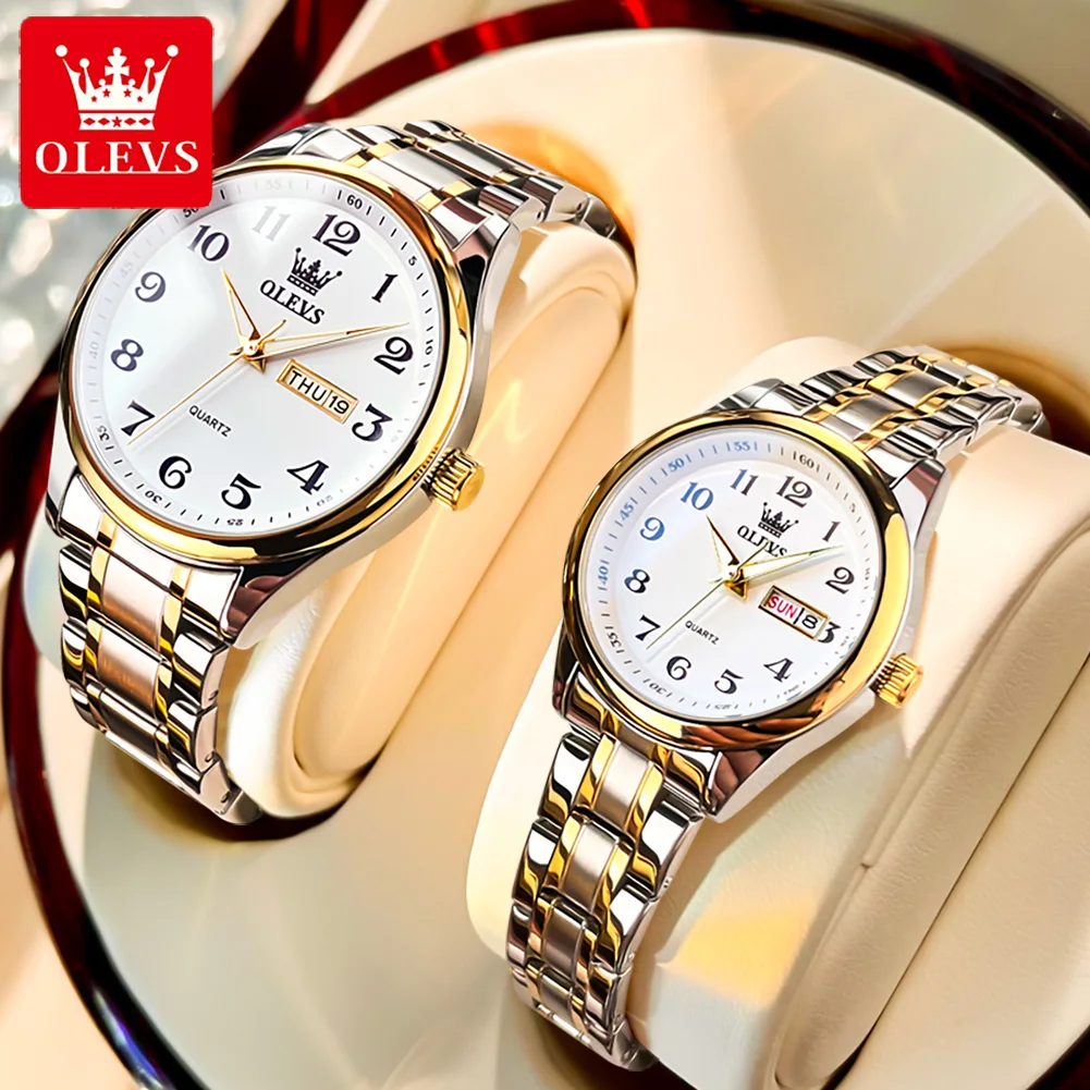 OLEVS 5567 Original Quartz Couple Watch for Men and Women Classic Digital Dial Week/Date Business Luxury Lover\'s Wristwatch Gift