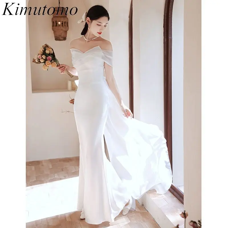 kimutomo-女性のためのサテンドレスボートネックセレブイブニングドレスフランス結婚式のためのエレガントな衣装