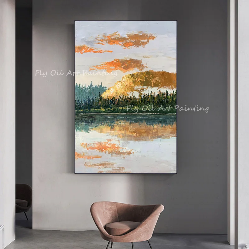 

100% Handmade landscape gold foil beautiful artwork picture thick oil paintings For Living Room Home Decoration as a gift