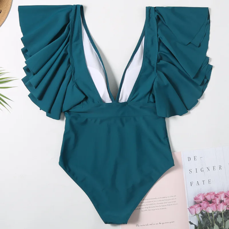 Ruffle bikini new sexy deep V holiday swimsuit high waist backless swimsuit women one one swimwear