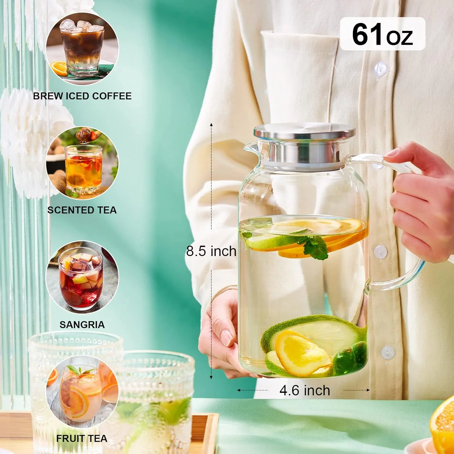 Glass Pitcher with Lid, Hot& Cold Glass Water Pitcher with Handle, Iced Tea Carafe for Coffee, Juice, Lemonade and Milk