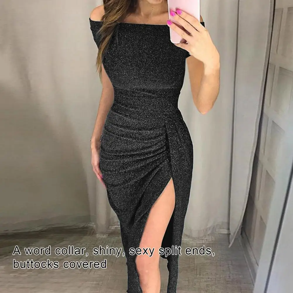 Shiny Slash Neck Strapless Women Dress Sexy Off Shoulder High Split Dress Spring Autumn Evening Party Club Wrap Hip Dresses 1