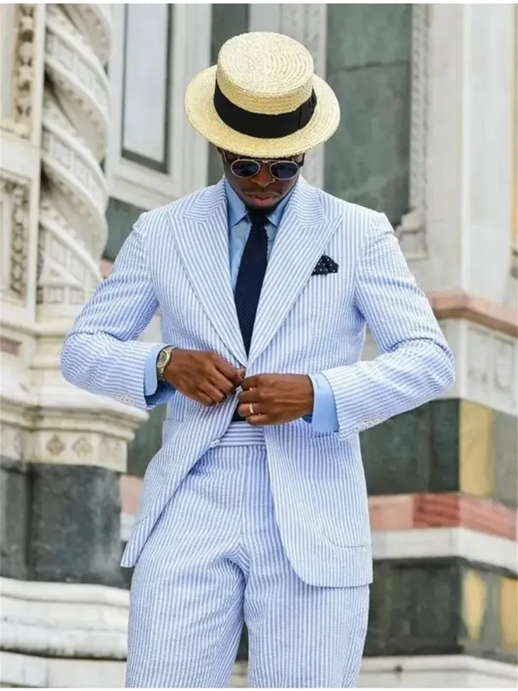 2 Pieces  Casual Men Suits Seersucker Stripe Outfits Custom Wedding Groom Tuxedo Costume Homme Peaked Lapel Jacket+Pants 4