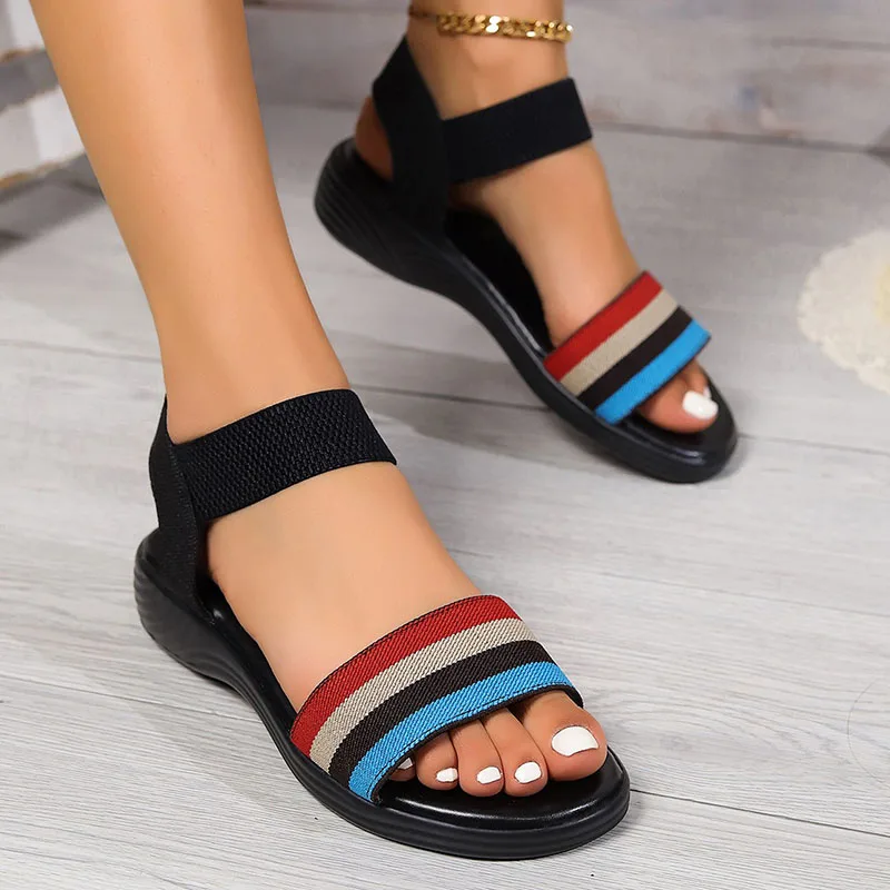 Summer Sandals Women Striped Knitted Strap Low Heels Sandals Elastic Bands Slip on Casual Shoes Slingback Open-toe Beach