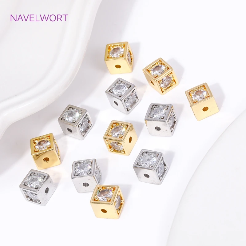 18K Gold Plating Inlay Zircon Square Shape Spacer Beads Brass Metal Separator Beads For DIY Bracelet Jewelry Making Accessories