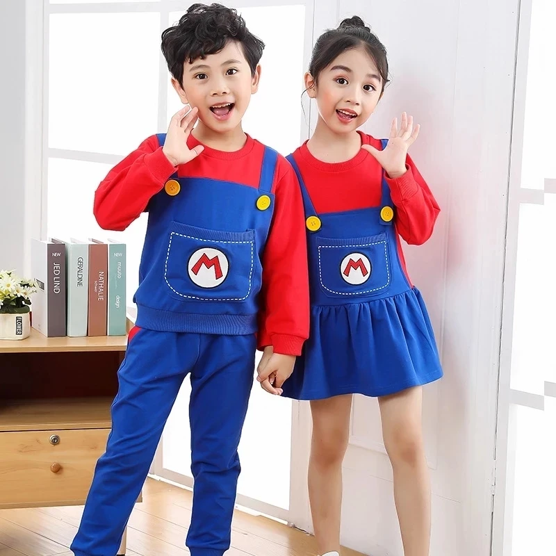 

2021 New Game HOT Clothes Super Marios Children's Bib Dress Luigi Cosplay Costume Anime Family Set Boys Girls Kids Gifts