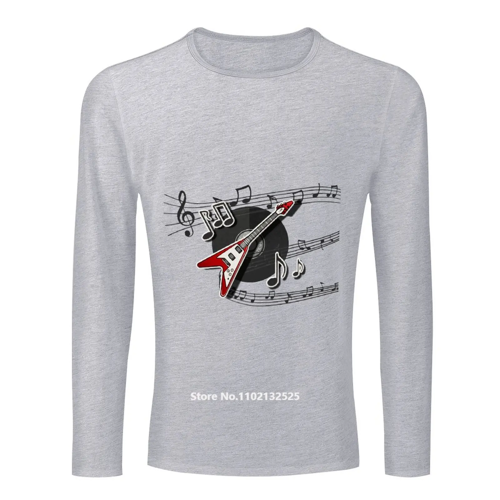 

Music Note Men Long Sleeve T-shirt Printed Cartoon Character Guitar Crew Neck Streetwear Tops Cotton Tshirts