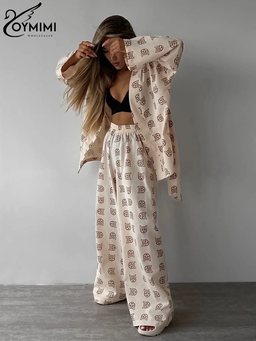 Oymimi Casual Loose Print 2 Piece Set Women Outfit Fashion Long Sleeve Lace-Up Top Pajamas With High Waist Wide Pant Sets Fenake