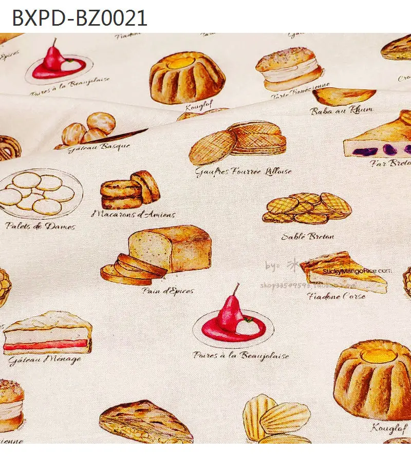 10 Bread Collection-BTY 1 Yard Cotton Woven Fabric-Cartoon Characters, Retro Vintage Bread, Cute Cat and Bread