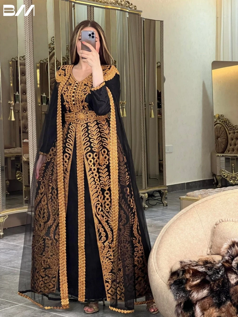

Abaya Party Moroccan V-neck Evening Dresses Sparkly A-line Bridal Gown Kaftan Floor-length Bride Dresses Vestidos De Novia