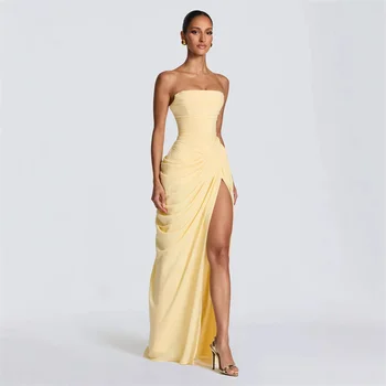 Women Sexy Solid Pleated Strapless Dress Lady Chic Off-Shoulder Backless High Waist Split Dresses 2026 New Evening Party Gown 1