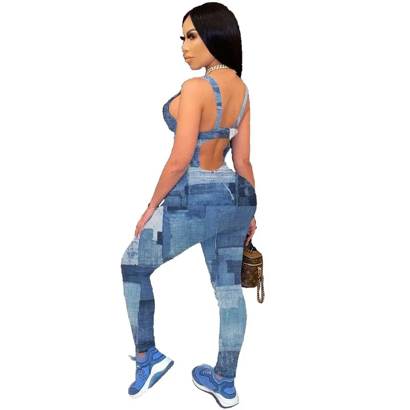 2024 New Fashion Spring Summer Suspenders Imitation Denim Print Jumpsuits Women Patchwork Collage Casual High Waist Slim Rompers