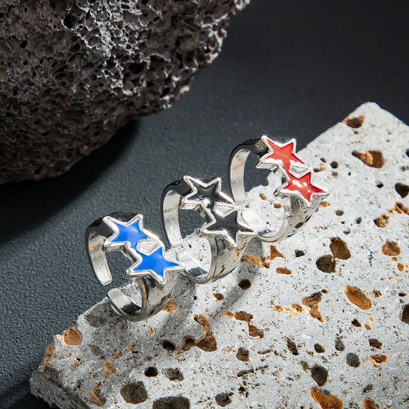 Vintage Black Drip Oil Pentagram Star Open Rings For Women Men Hip Hop Rock Metal Star Adjustable Couple Rings Jewelry 4
