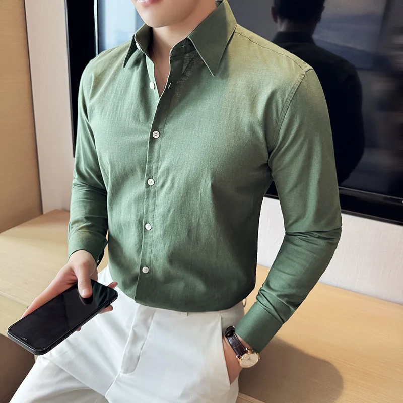 Men Luxury Cotton Linen Shirts Breathable Thin Social Shirt Dress Vintage Slim Fit Plain Color Tuxedo 4XL
