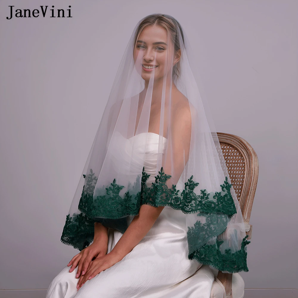 

JaneVini Vintage Green Lace Edge Solf Tulle Bridal Wedding Veil Without Comb 1 Tier White Ivory Bride Accessories Sluier Bruid