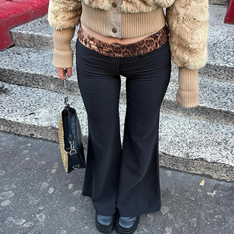 IAMHOTTY Vintage Leopard Print Low-waisted Patchwork Flared Pants Black Slim Stretchy Casual Basic Sweatpants Joggers Trousers