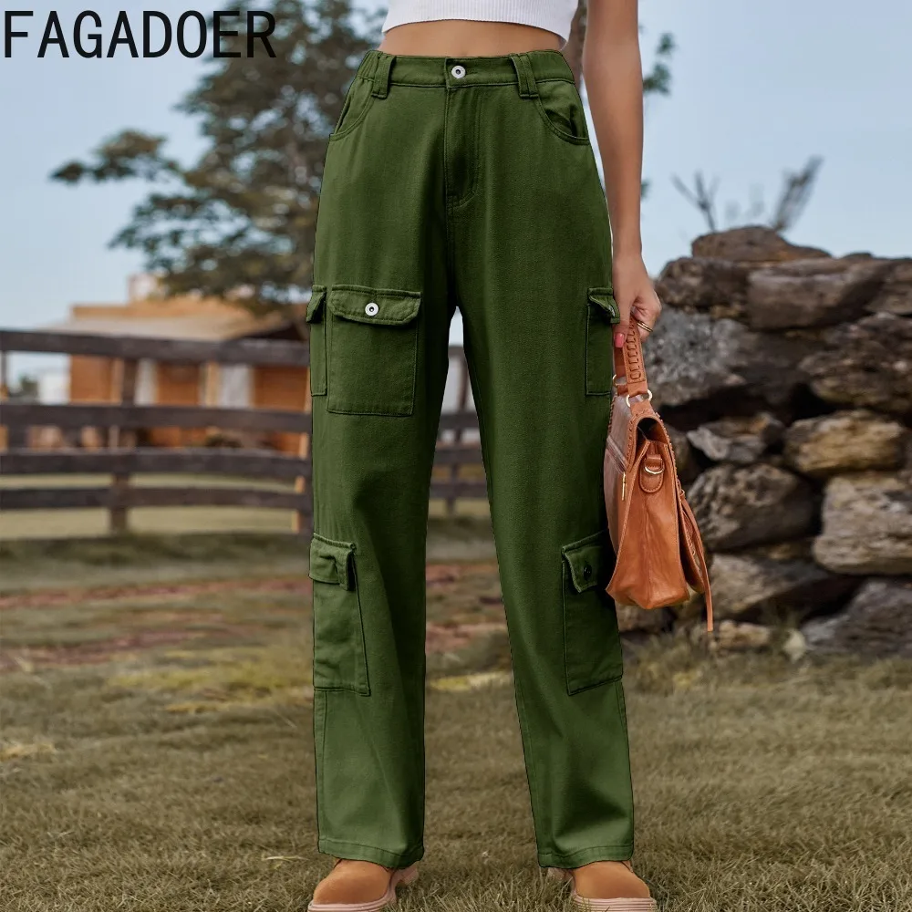 

FAGADOER Retro Pockets Cargo Pants Women's Denim Trousers Baggy Y2k 90s Streetwear Straight Casual Pants 2023 Autumn Pantalones