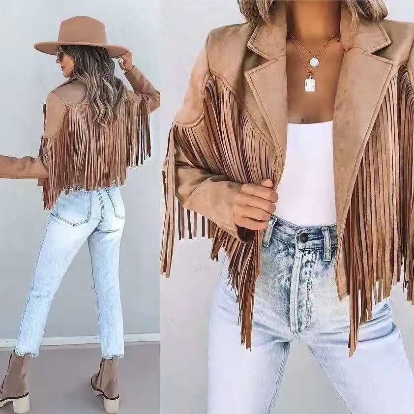 

Women Y2k Fringed Hem Tassel Cardigan Crop Tops E-girl Motor Biker Jacket Suede Leather Jacket 90s Vintage Streetwear Coat Cool