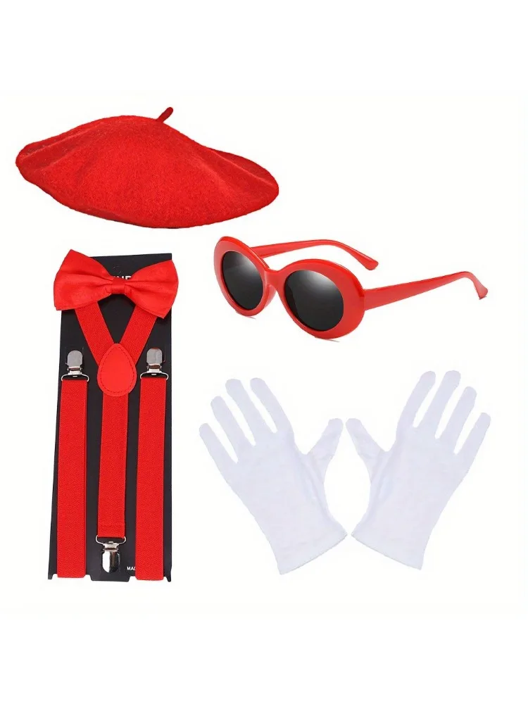 PESENAR Mime Artist Accessories 6Pcs with Beret Hat Suspender Scarf Gloves Face Paint Socks for Halloween mime Costume cosplay hats game cosplay props animal costume set disco hip hop costume set lolita gloves anime cosplay socks cosplay scarf cowl anime gloves