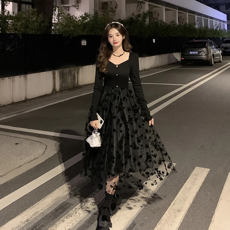 

Black Floral Dress Women Gothic Sweet Princess Designed Chic Autumn Graceful Vintage Aesthetic Defined A-line Midi Trendy Mature