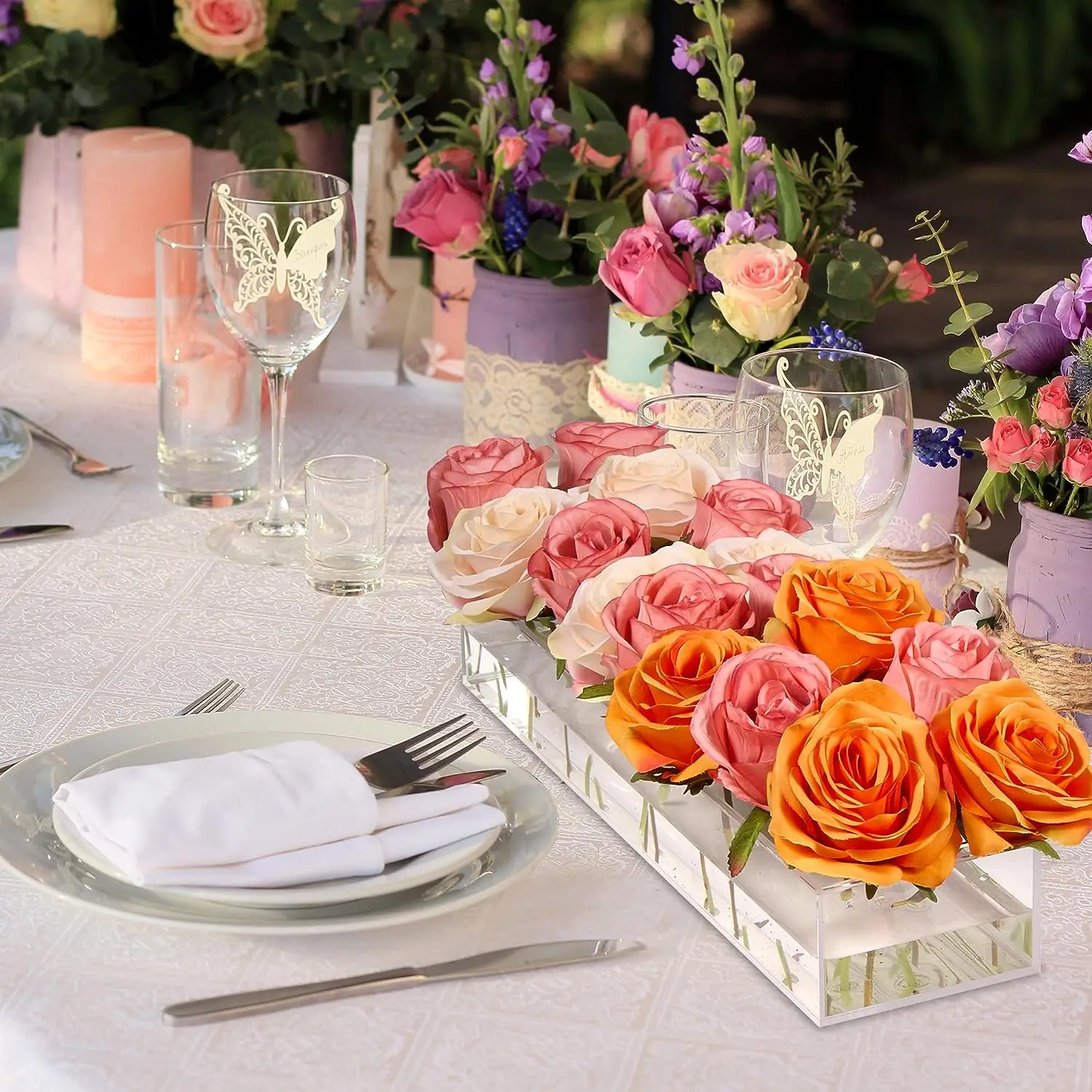 Clear Acrylic Flower Vase, Rectangular Floral Centerpiece, 16 Holes Long Flowers, Modern Vases for Home, Wedding, Dining Decor 4