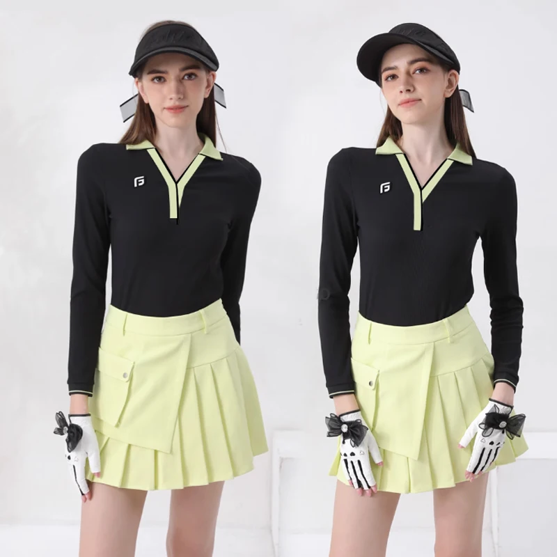 Spring/fall Golf Apparel Women's Long Sleeve V-collar T-shirt Skirt Tennis Suit Ladies Sports Slim Tops Fashion Golf Set