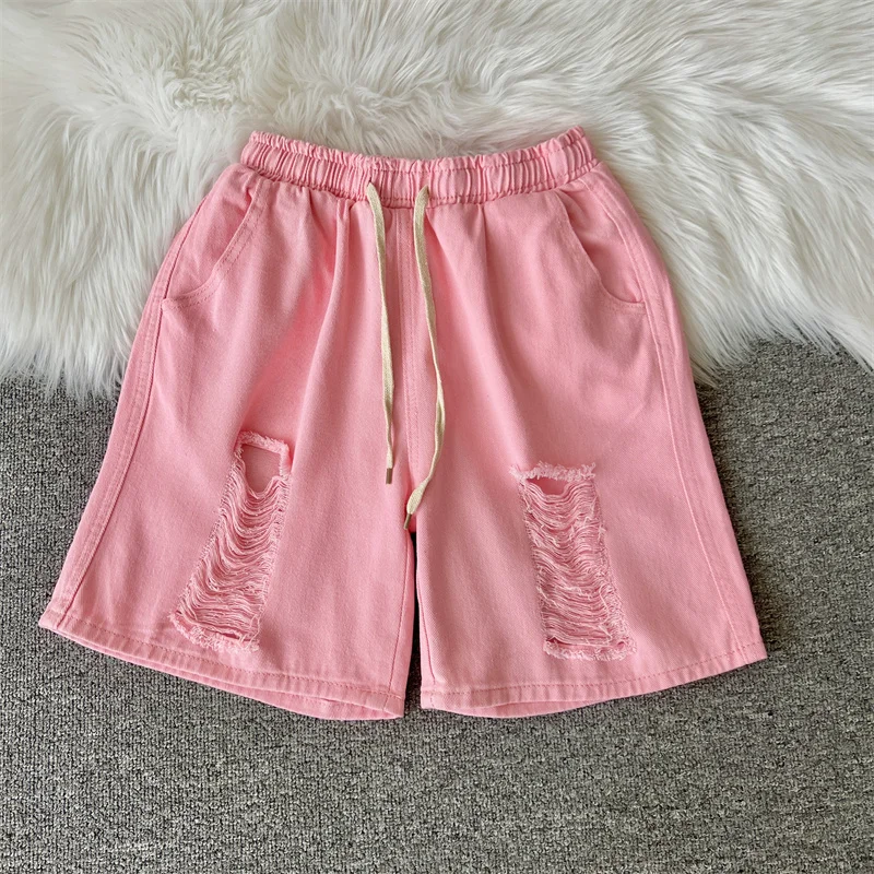 Baggy Vintage Summer Denim Shorts Men Ripped Straight Mid Rise Jeans for Men Drawstring Fashion Clothing Trend A187