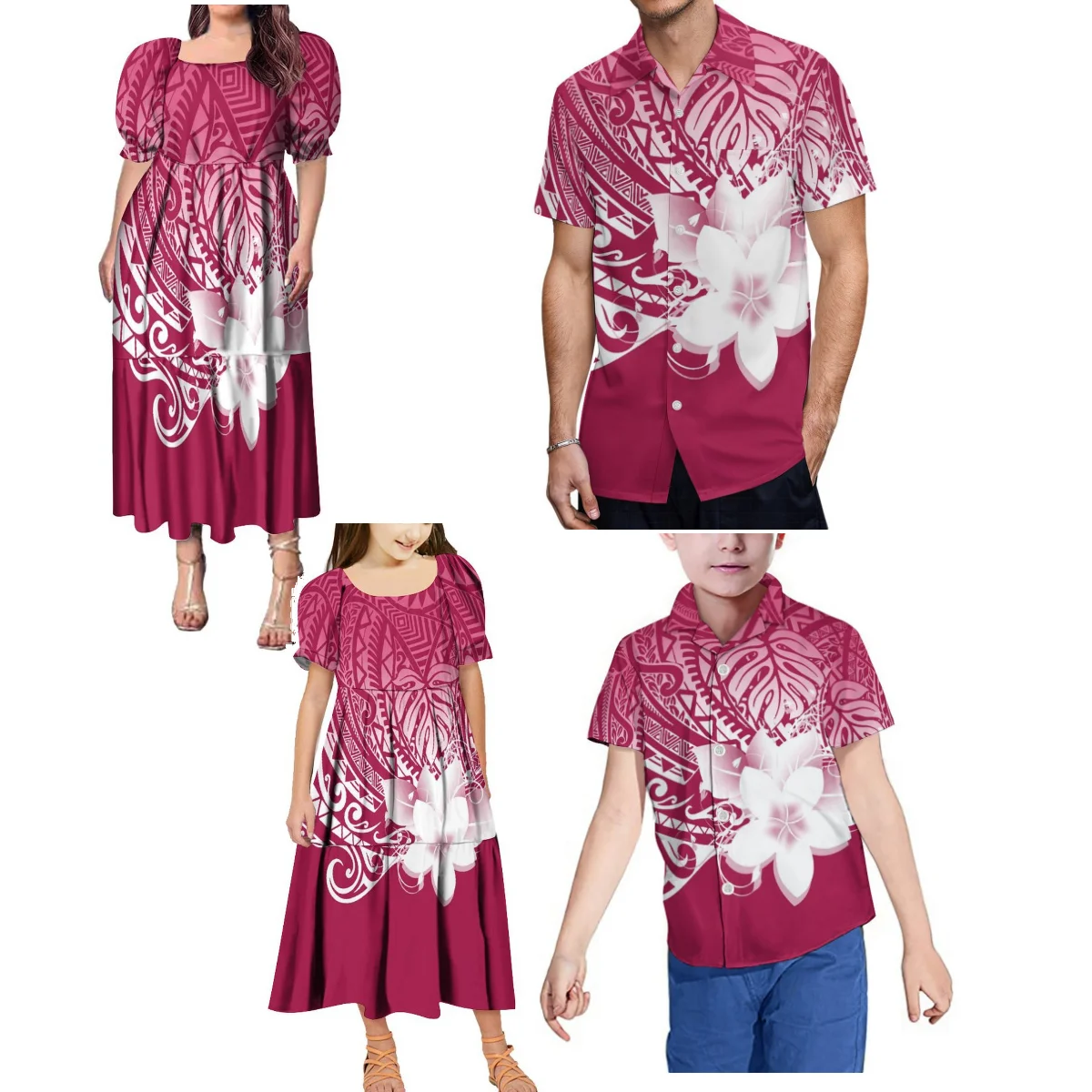 

Summer Family Suit Women Puffy Dress With Puffy Sleeves Girls Cute Long Skirt With Men'S Shirt Boys Top Polynesian Tribe